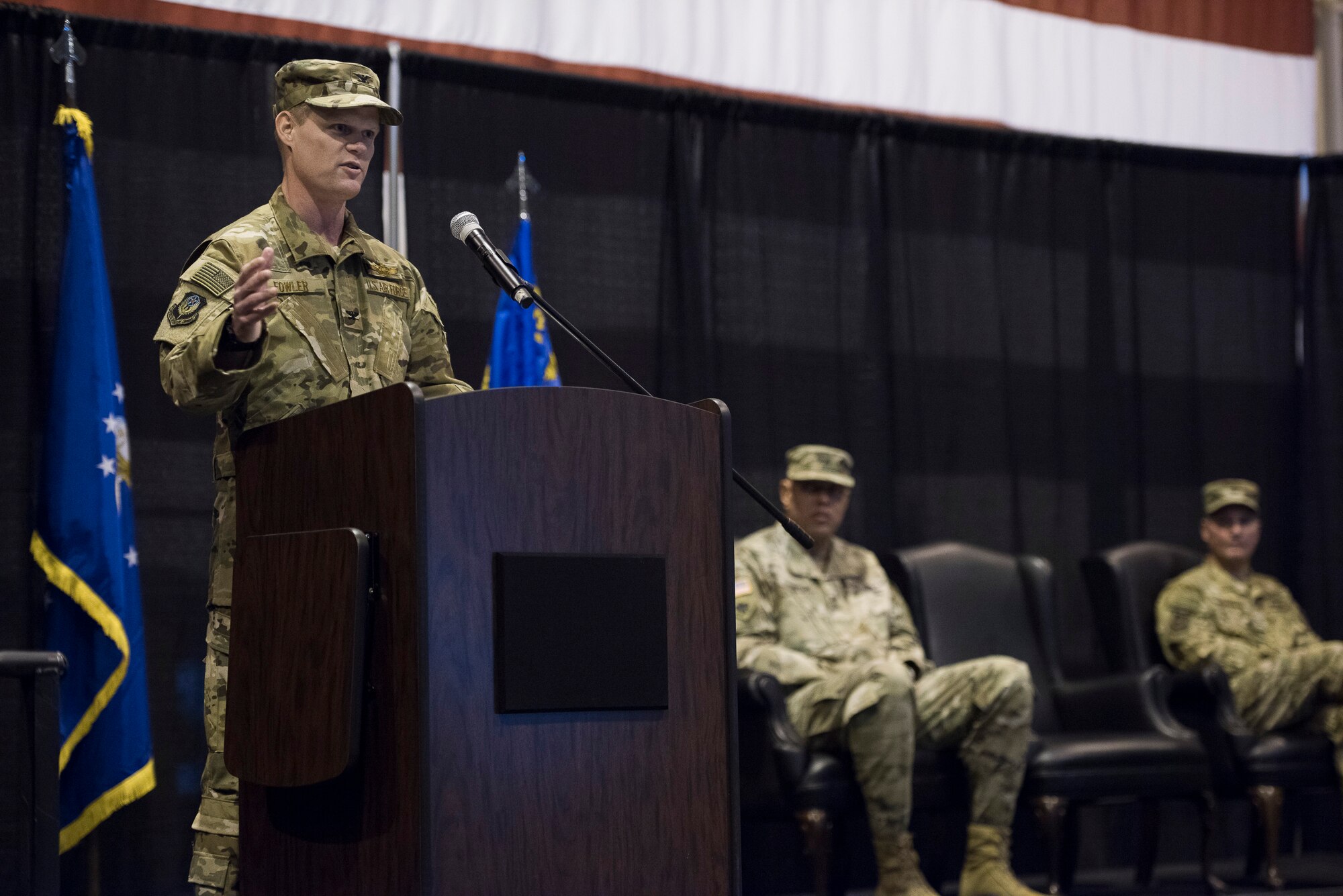 U.S. Air Force Col. Daniel R. Fowler, 137th Special Operations Squadron, speaks to his newly appointed troops during the change of command ceremony at Will Rogers Air National Guard Base, Okla., Dec. 1, 2018. Fowler is the 17th commander of the Wing it its history and is only the second wing commander since coversion to a special operations wing in 2015. (U.S. Air National Guard photo by Tech. Sgt. Caroline Essex/Released)