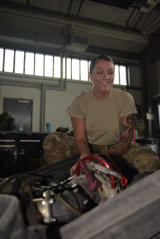 U.S. Air Force Senior Airman Tori Watts, 100th Logistics Readiness Squadron fuels distribution driver and 67th Special Operations Squadron Forward Arming and Refueling Point team member, packs a fuel hose for a FARP mission at RAF Mildenhall, England, Oct. 11, 2018. FARP is a specialty within the fuels career field where members selected to the team are certified to establish refueling sites and refuel airframes in austere locations. (U.S. Air Force photo by Airman 1st Class Alexandria Lee)