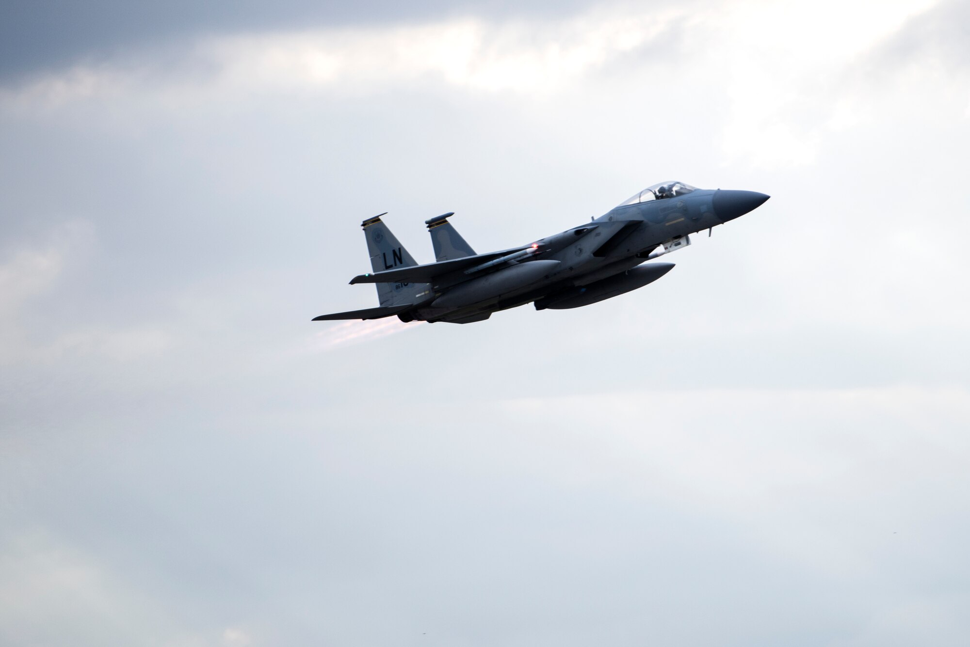 An F-15C Eagle assigned to the 493rd Fighter Squadron takes off for a sortie during the NATO Tactical Leadership Programme 18-4 at Amendola Air Base, Italy, Nov. 29, 2018. With over four decades of history, TLP has become the focal point for NATO’s Allied Air Forces tactical training, developing knowledge and leadership skills, necessary to face today's air tactical challenges. (U.S. Air Force photo/ Senior Airman Malcolm Mayfield)
