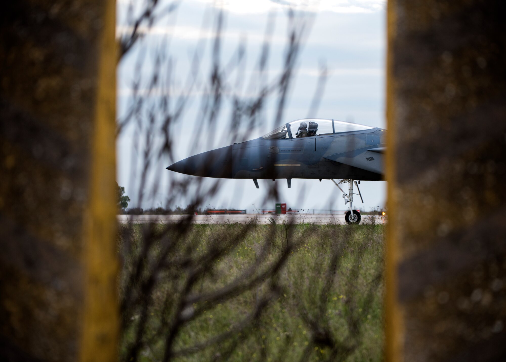 An F-15C Eagle assigned to the 493rd Fighter Squadron taxis down the flightline for a sortie during the NATO Tactical Leadership Programme 18-4 at Amendola Air Base, Italy, Nov. 29, 2018. F-15C Eagles and an F-15D Eagle will be participating through mid December in TLP. This event marks the first time the course has been held in Italy, from its normal host location at Albacete Air Base, Spain. (U.S. Air Force photo/ Senior Airman Malcolm Mayfield)