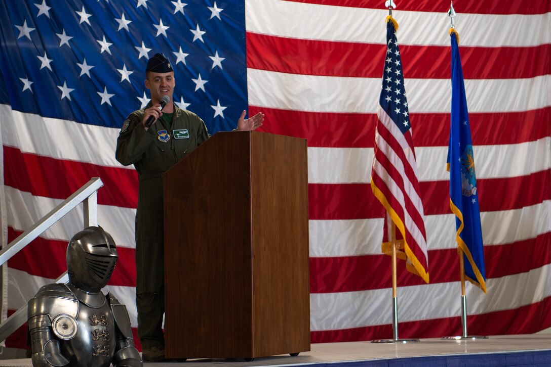Lt. Col. Robert Miller, 308th Fighter Squadron commander, provides remarks at an assumption of command ceremony, Nov. 30, 2018, at Luke Air Force Base, Ariz.