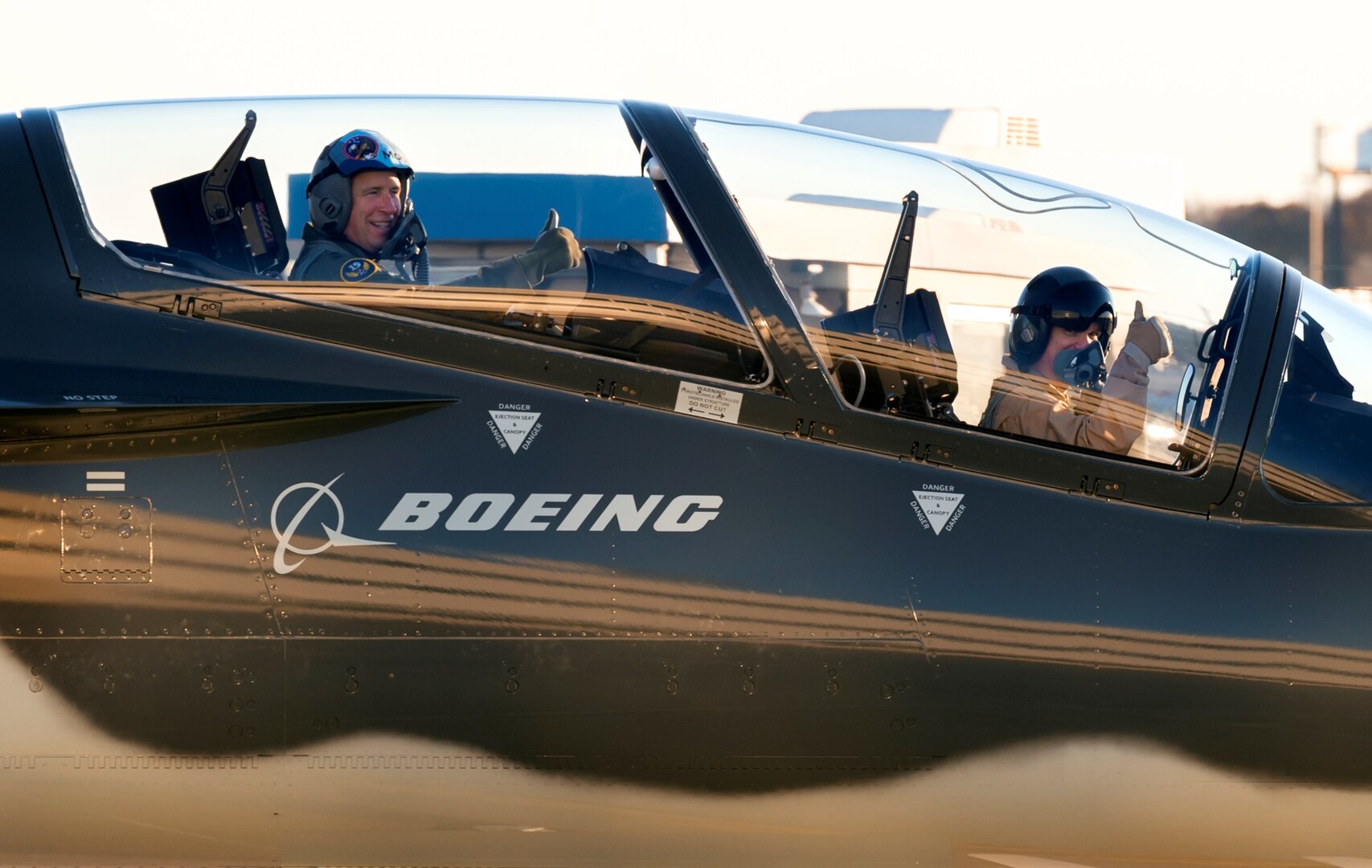 Maj. Gen. Patrick Doherty (left), 19th Air Force commander, taxies out to the flightline with a Boeing pilot for a T-X trainer familiarization sortie in St. Louis, Nov. 27, 2018. The T-X trainer will provide student pilots with the skills needed to transition to 4th and 5th generation fighter and bomber aircraft.