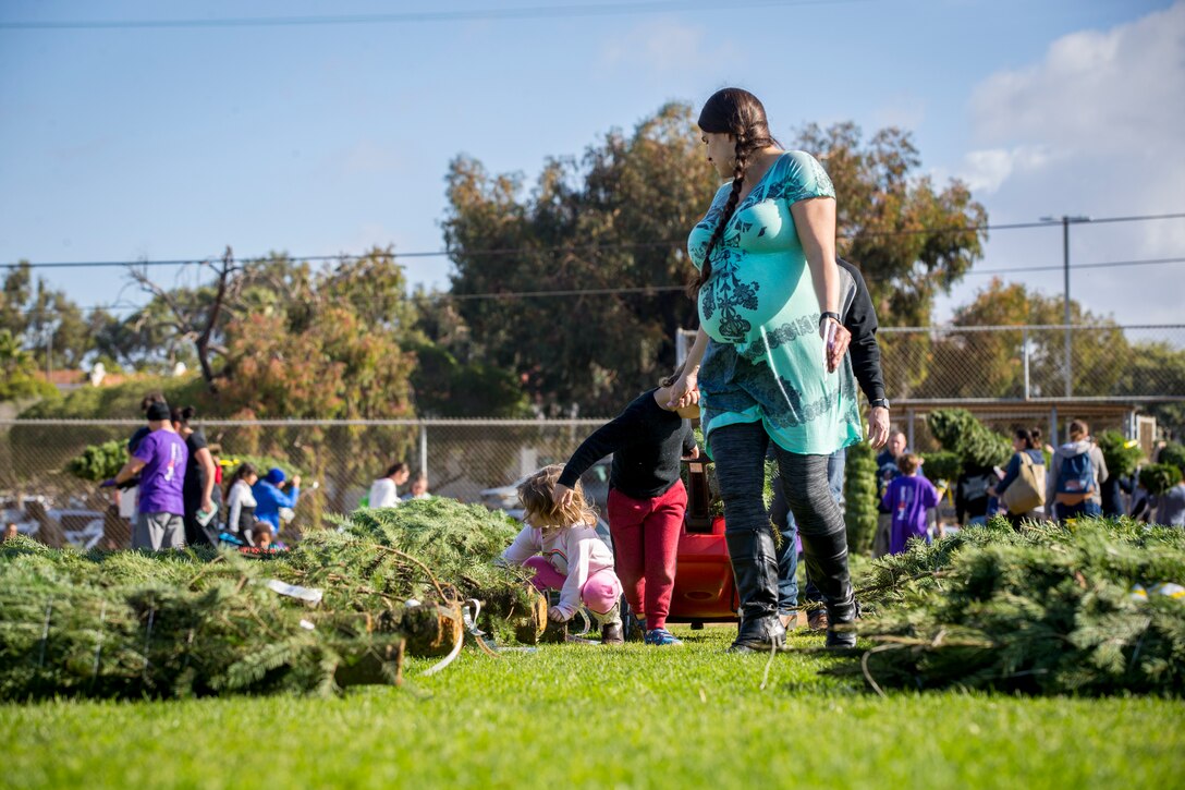 U.S. service members, Department of Defense employees and their families attend the Trees for Troops event at Marine Corps Base Camp Pendleton, California, Dec. 1, 2018. The event provided service members and their families an opportunity to celebrate the holiday season and the chance to take a Christmas tree home. (U.S. Marine Corps photo by Cpl. Dylan Chagnon)