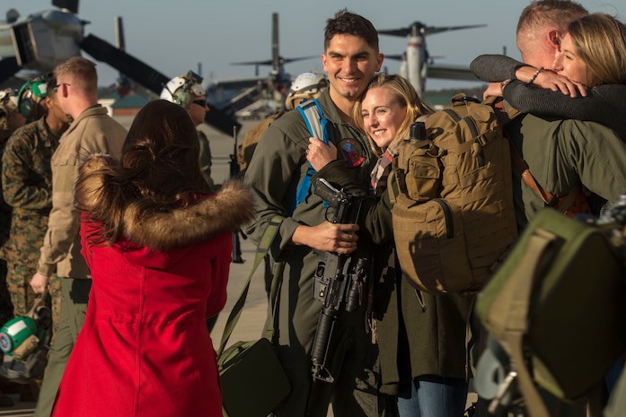 Marines and Sailors from Medium Tiltrotor Squadron 365, with the 24th Marine Expeditionary Unit for Exercise Trident Juncture 2018, land at their homecoming reception at Marine Corps Air Station New River, N.C., Nov. 29, 2018.