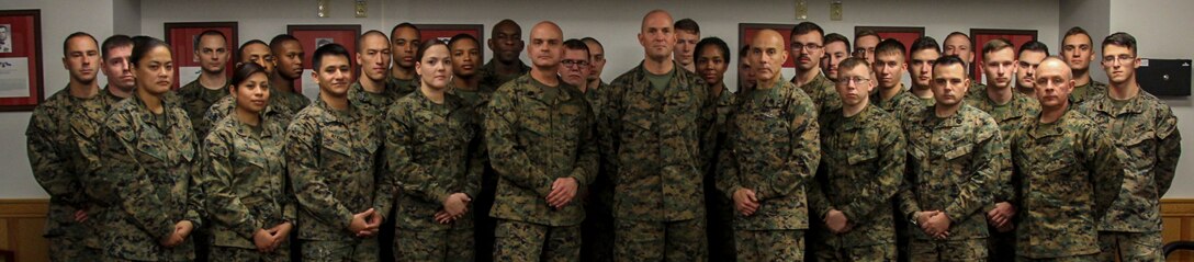 CAMP HUMPHREYS, Republic of Korea – Senior leaders of U.S. Marine Corps Forces Pacific visited U.S. Marine Corps Forces Korea here, Nov. 29. Sgt. Maj. Robert K. Williamson, sergeant major of MARFORPAC, and Command Master Chief Frank Dominguez, command master chief of MARFORPAC, answered questions the Marines had about topics pertaining to being on the Korean peninsula and their future. (Official Marine Corps photo by Sgt. Nathaniel Hanscom/Released)