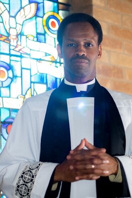 U.S. Air Force Chaplain Capt. Kennie Neal, 100th Air Refueling Wing chaplain, poses for a photo at RAF Mildenhall, England, Dec. 2, 2018. Neal puts his faith into work by ensuring Team Mildenhall’s Chaplain Corps are directly involved with the Airmen by providing a better quality of life for the Airmen.  (U.S. Air Force photo by Tech. Sgt. Emerson Nuñez)
