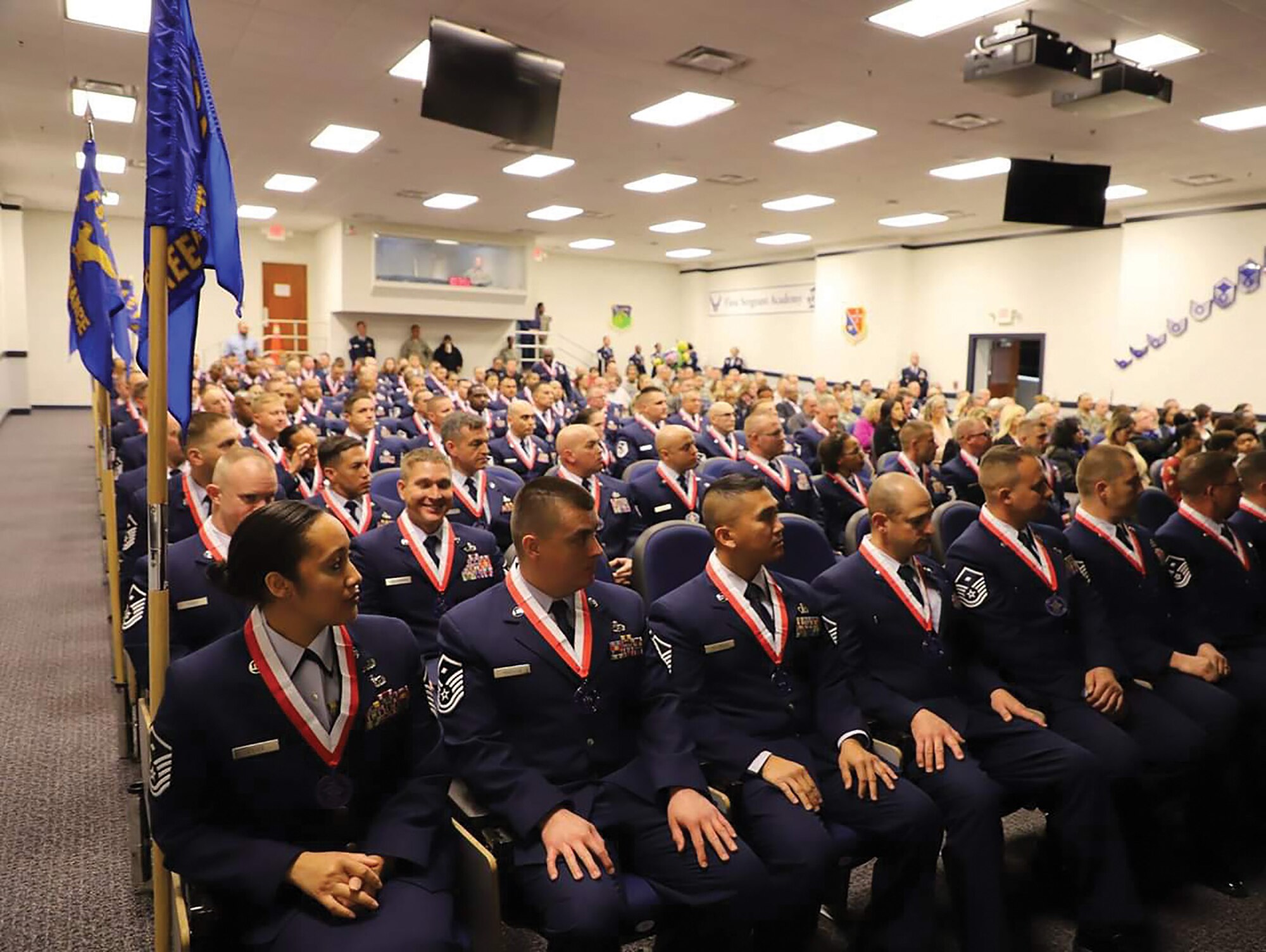 Master Sgts. Joseph Andrews, 445th Aeromedical Staging Squadron first sergeant, Shatasha Estes, 445th Operations Support Squadron first sergeant and David Griffith, 445th Maintenance Group first sergeant, were among 98 Airmen who graduated from the Air Force’s First Sergeant Academy Nov. 16, 2018.