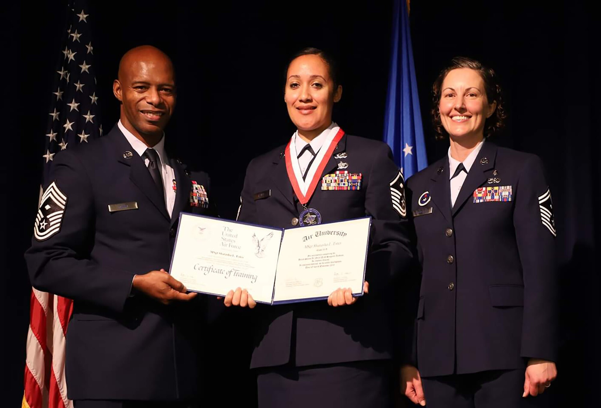 Shatasha Estes, 445th Operations Support Squadron first sergeant, was among 98 Airmen, including two others from the 445th Airlift Wing, who graduated from the Air Force’s First Sergeant Academy Nov. 16, 2018.