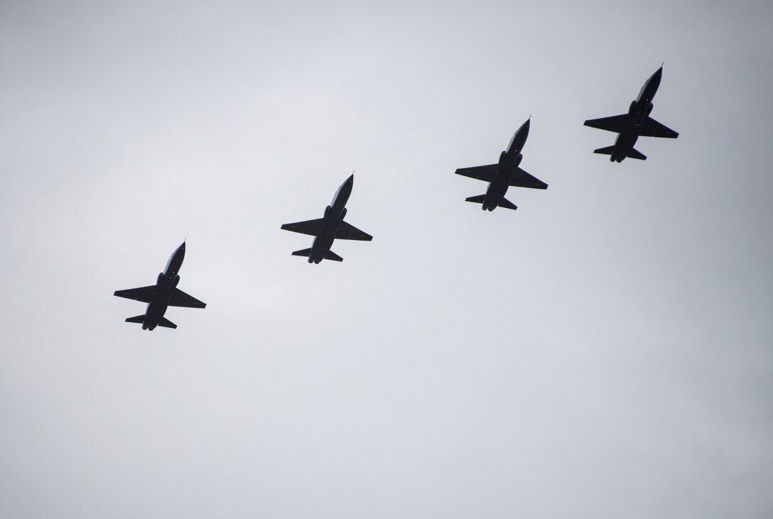A formation of T-38 Talons fly in formation over the runway Nov. 30 at Eglin Air Force Base, Fla. Seven Talons arrived here, their temporary home as part of a mission shift by the Air Force as Hurricane Michael recovery efforts continue at Tyndall. The 2nd FS is one of two T-38 Talon adversary squadrons. They provide air-to-air threat replication to support F-22 Raptor combat and formal training squadrons. The squadron also maintains readiness to augment worldwide combat operations.
