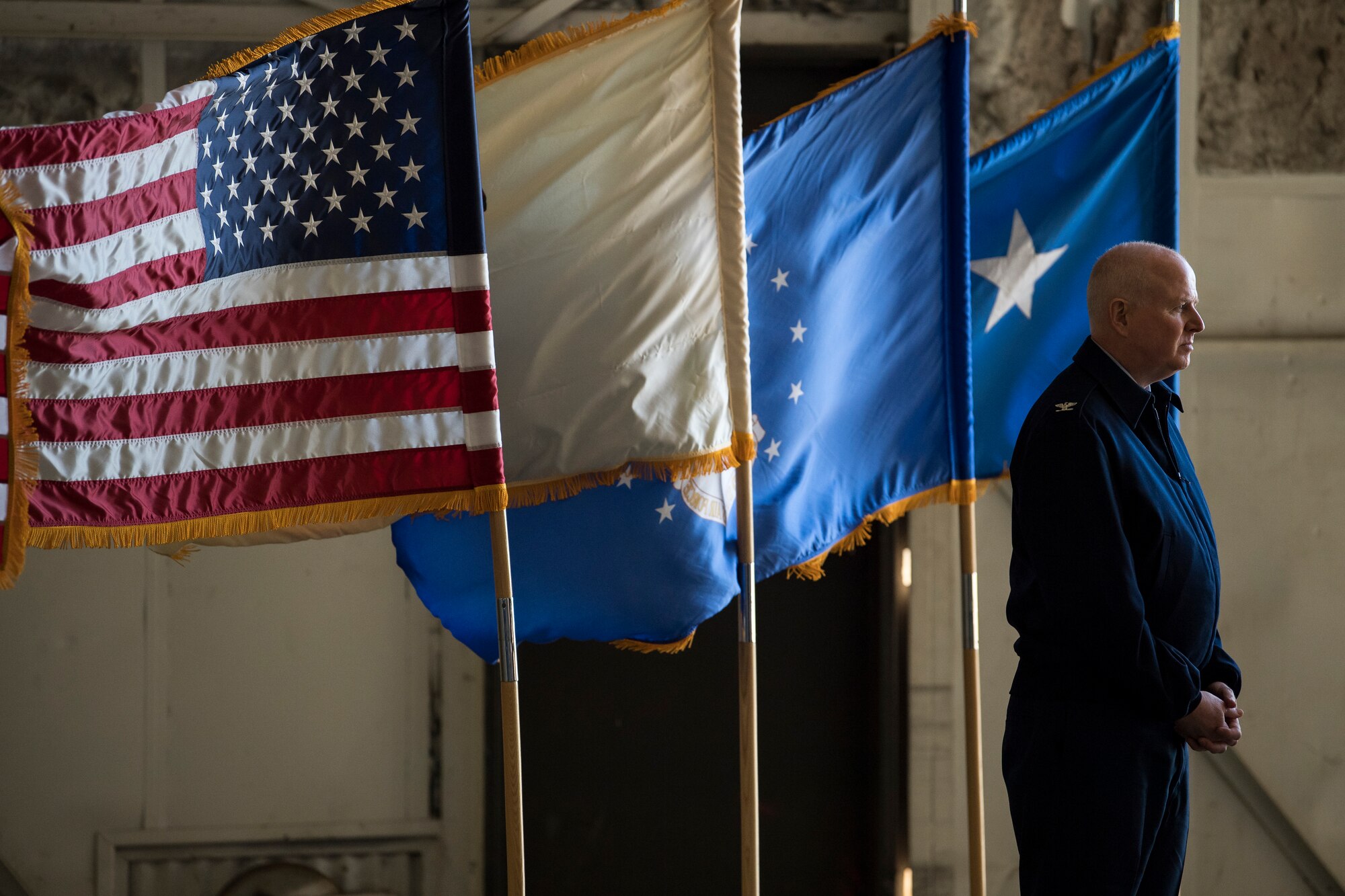 Base leaders and state representatives took part in the ceremony, which represented the beginning of an $82.5 million two-bay hanger construction, part of a larger $146.5 million project, to house 24 new KC-46 Pegasus refueling jets. The KC-46, set to start arriving the summer of 2021, will replace the base's current KC-10 Extender aircraft. (U.S. Air Force photo by Christian DeLuca)