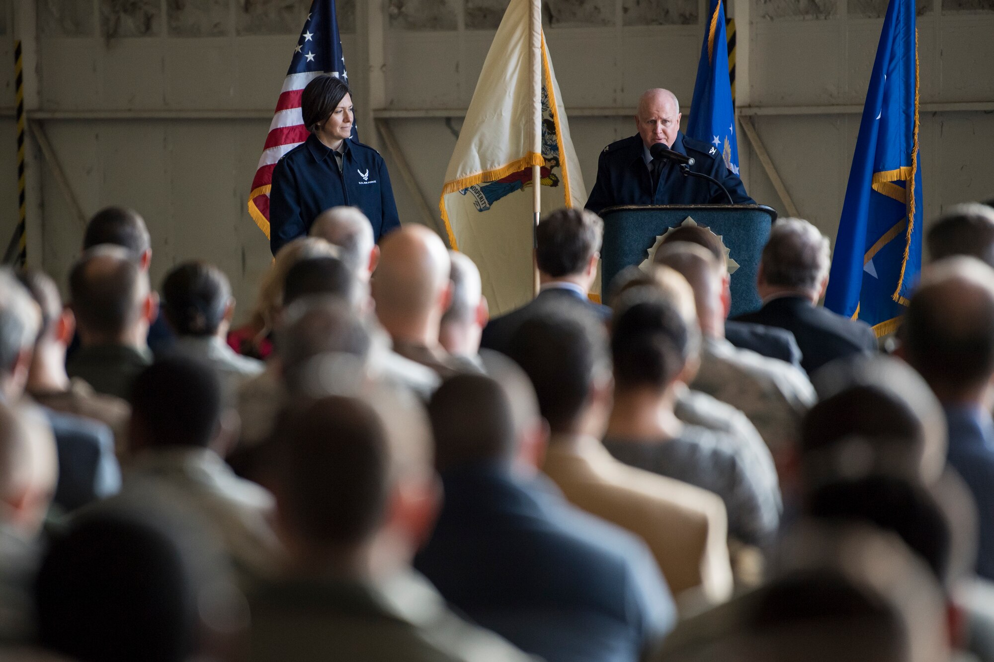Base leaders and state representatives took part in the ceremony, which represented the beginning of an $82.5 million two-bay hanger construction, part of a larger $146.5 million project, to house 24 new KC-46 Pegasus refueling jets. The KC-46, set to start arriving the summer of 2021, will replace the base's current KC-10 Extender aircraft. (U.S. Air Force photo by Christian DeLuca)