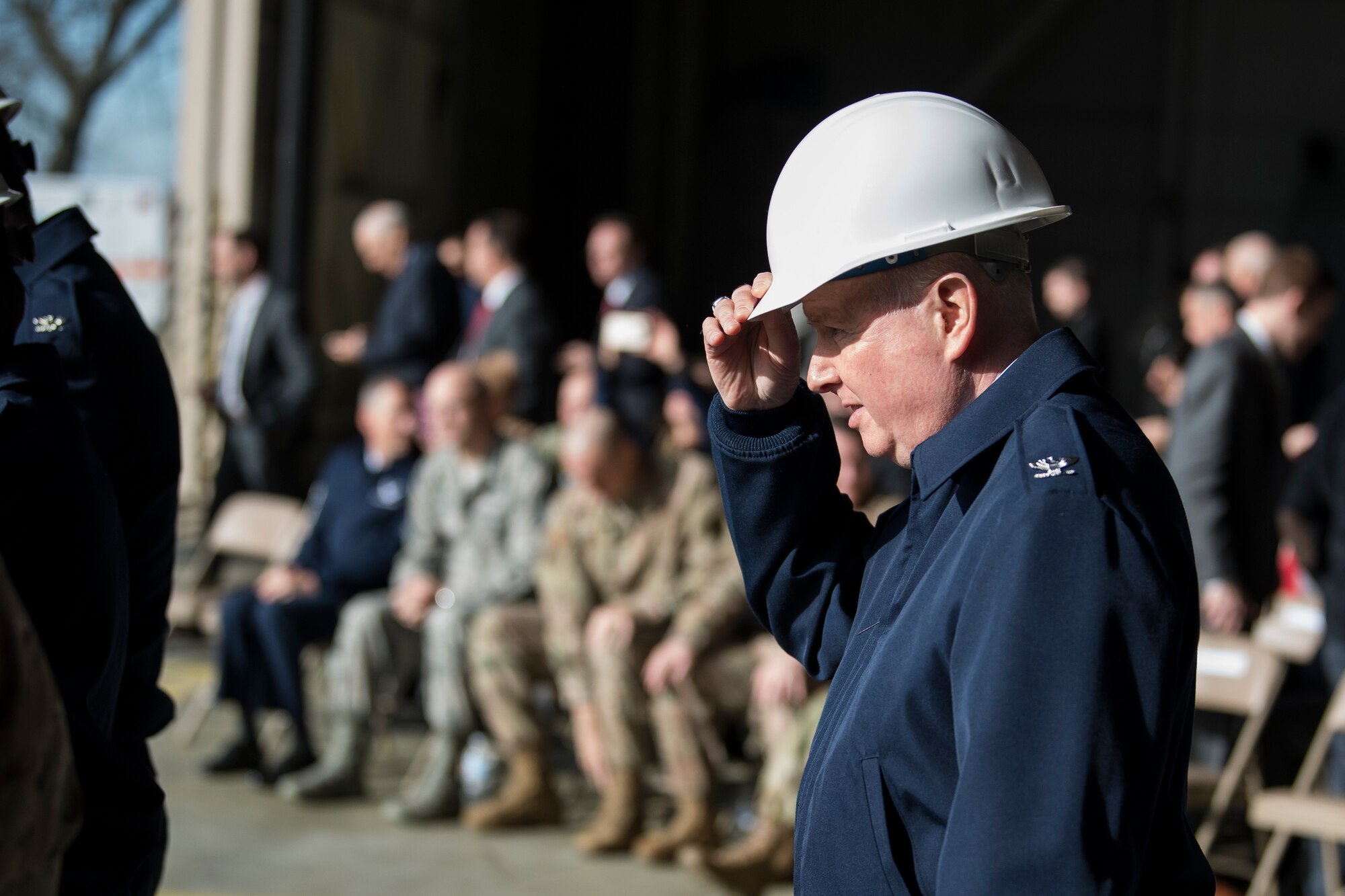 Base leaders and state representatives took part in the ceremony, which represented the beginning of an $82.5 million two-bay hanger construction, part of a larger $146.5 million project, to house 24 new KC-46 Pegasus refueling jets. The KC-46, set to start arriving the summer of 2021, will replace the base's current KC-10 Extender aircraft. (U.S. Air Force photo by Christian DeLuca)