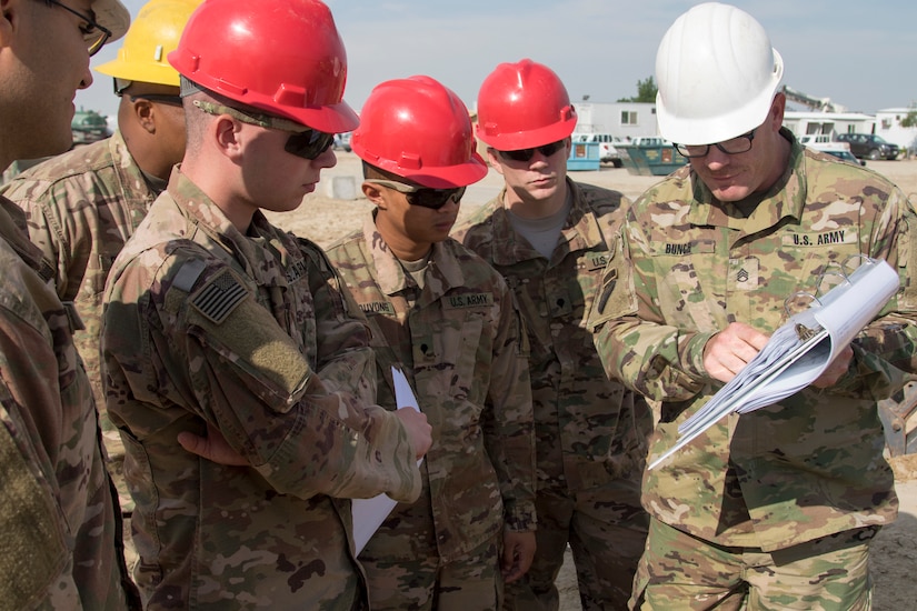 U.S. Army Staff Sergeant Justin Bunch, right, a platoon sergeant with the 526th Engineer Construction Company, 92nd Engineer Battalion, 28th Engineer Brigade, directs Soldiers on how to build a trapezoidal ditch at Camp Arifjan, Kuwait, Nov. 28, 2018. This ditch will help drain excess water more effectively to prevent flooding during heavy rainstorms, to keep personnel and equipment safe.