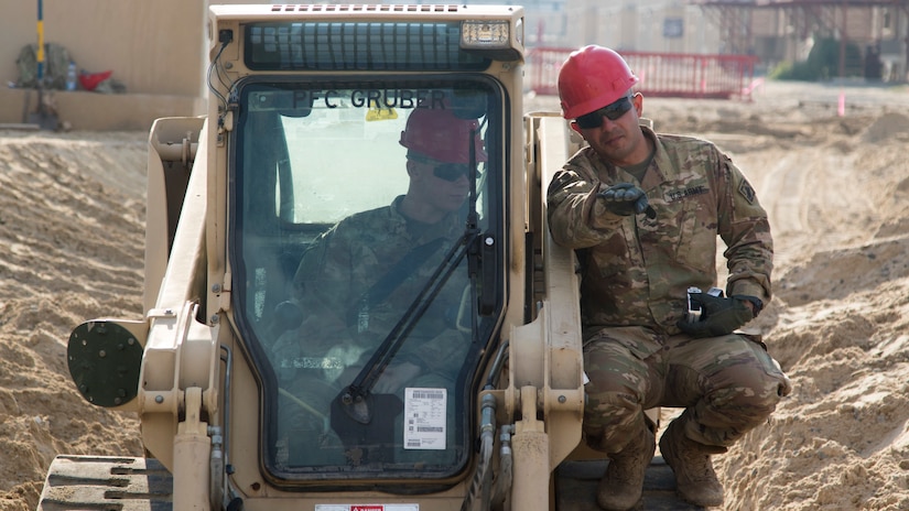 U.S. Army Sgt. Alejandro Jimenez, right, a squad leader with the 526th Engineer Construction Company, 92nd Engineer Battalion, 28th Engineer Brigade, directs U.S. Army Pvt. Sean Ginn, an operator with the 526th ECC, as he smooths out the bottom of a trapezoidal ditch with a skid-steer at Camp Arifjan, Kuwait, Nov. 28, 2018. Kuwait has experienced unusually high amounts of rainfall in the past month, and the improvements made to this drainage ditch will help maintain living and operational conditions.