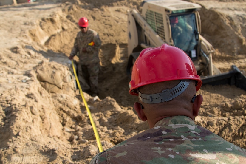 U.S. Army Soldiers with the 526th Engineer Construction Company, 92nd Engineer Battalion, 28th Engineer Brigade, measure the width of a trapezoidal ditch being dug at Camp Arifjan, Kuwait, Nov. 28, 2018. This ditch will help drain excess water more effectively to prevent flooding during heavy rainstorms, to keep personnel and equipment safe.