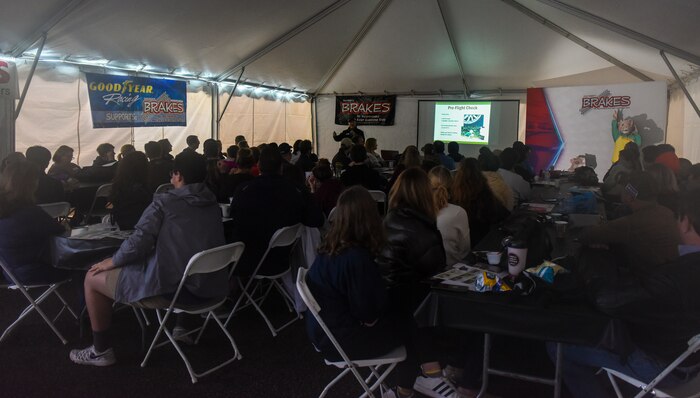 Parents and teens learn about safe driving tips during the B.R.A.K.E.S. driving course Dec. 1, 2018, at Joint Base Charleston's Naval Weapons Station, S.C. JB Charleston hosted B.R.A.K.E.S. (be responsible and keep everyone safe), a program started by drag racer Doug Herbert.  The program’s mission is to prevent injuries and save lives by training and educating teenage drivers and their parents about the importance of safe and responsible driving. After an initial lesson on safety precautions, participants were sent to the driving course where they tested their skills in various driving conditions including an obstacle course, slippery skid track as well as a ‘drunk driving course’ where participants wore ‘drunk goggles’ to simulate the difficulty of driving under the influence. These types of events support JB Charleston’s efforts to engage with and support the local community.
