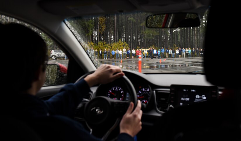 Ben Mize practices driving in unsafe conditions Dec. 1, 2018, during a teen driving course held at Joint Base Charleston, S.C.