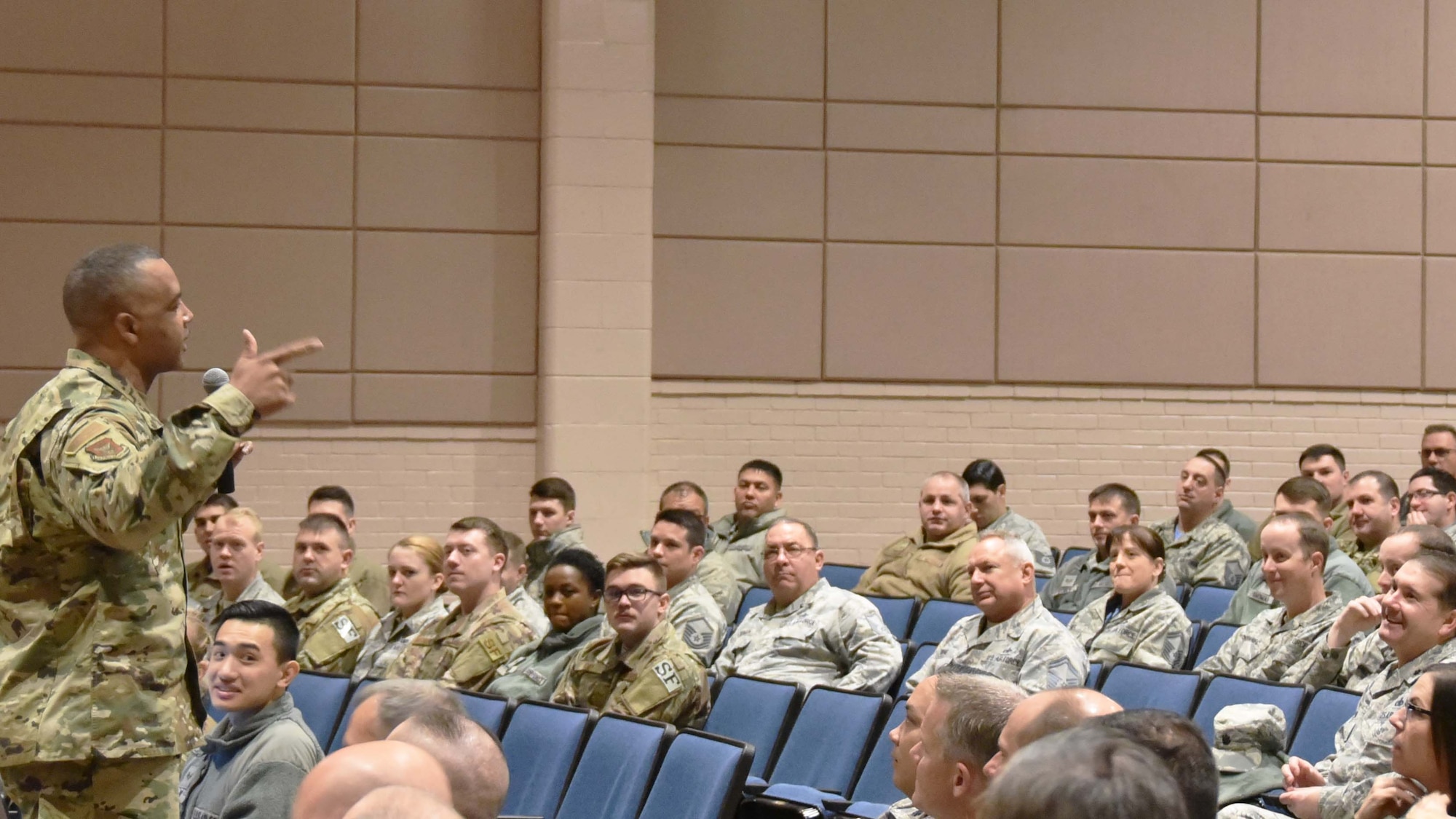 Chief Master Sgt. Timothy White, 4th Air Force command chief, speaks with Airmen of the 931st Air Refueling Wing during an all call Dec. 2, 2018, McConnell Air Force Base, Kan. During the all call, Airmen addressed any questions or concerns they had about the future of the Air Force Reserve.