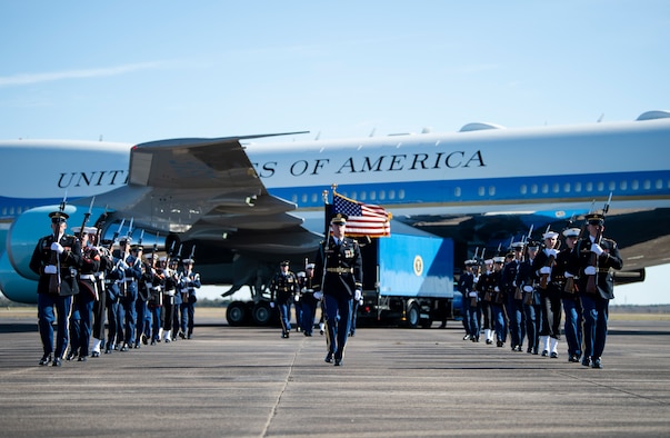 U.S. service members with the Joint Forces Honor Guard participate in a departure ceremony for former President George H.W. Bush A military honor guard walks off after taking part in a departure ceremony honoring former President George H.W. Bush in front of the Special Air Mission 41 plane at Ellington Field Joint Reserve Base in Houston, Texas, Dec. 3, 2018. Nearly 4,000 military and civilian personnel from across all branches of the U.S. armed forces, including Reserve and National Guard components, provided ceremonial support during George H.W. Bush’s, the 41st President of the United States state funeral.  (U.S. Air Force photo by Tech Sgt. Andrew Lee)