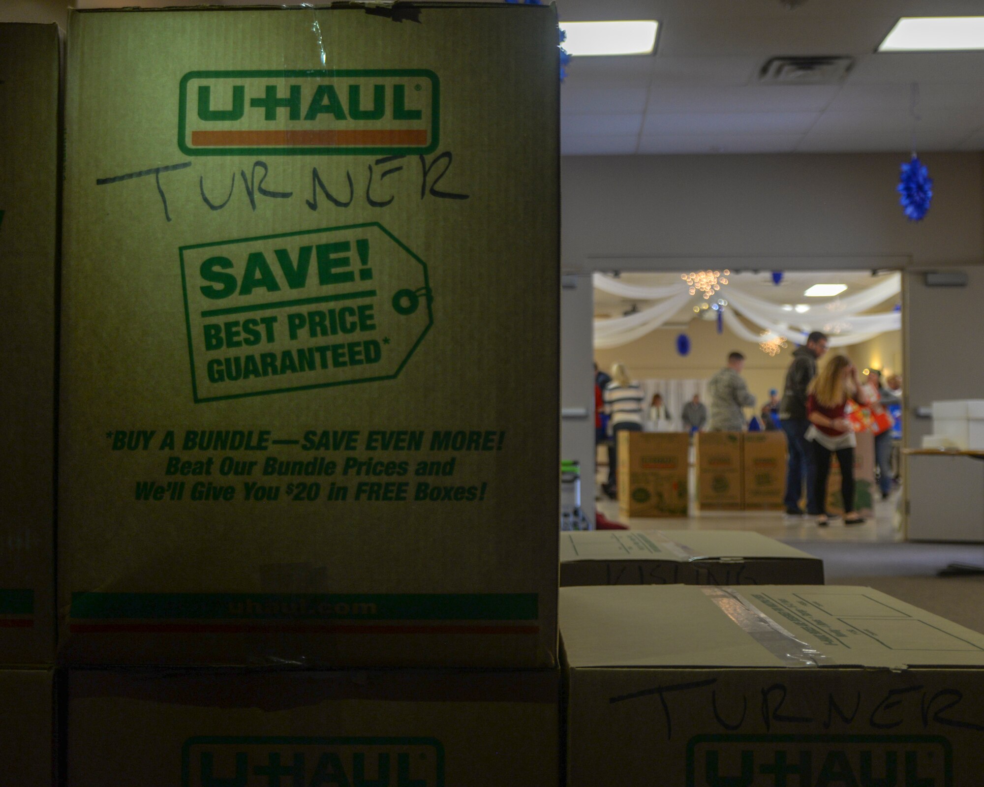 Boxes stand ready for delivery at the Bellevue Volunteer Fire Department Dec. 4, 2018. The boxes are full of Operation Holiday Cheer gift bags for Offutt Air Force Base dormitory residents. (U.S. Air Force photo by Tech. Sgt. Rachelle Blake)