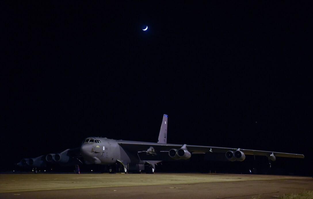 A U.S. Air Force B-52H Stratofortress Bomber assigned to the 96th Expeditionary Bomb Squadron, deployed from Barksdale Air Force Base, La., sits on an apron at Royal Australian Air Force (RAAF) Base Darwin, Australia, Dec. 3, 2018.