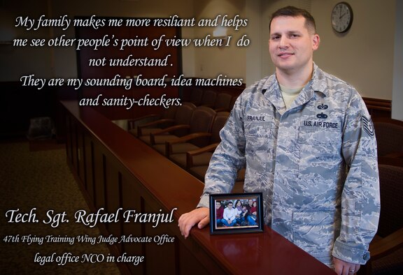 This week’s Airman’s Spotlight is Tech. Sgt. Rafael Franjul, 47th Flying Training Wing Judge Advocate Office NCO in charge, an Airman whose strength lies largely in his family. He discussed the experiences he and his family have had during their time with the U.S. Air Force. (U.S. Air Force graphic by Airman 1st Class Anne McCready)