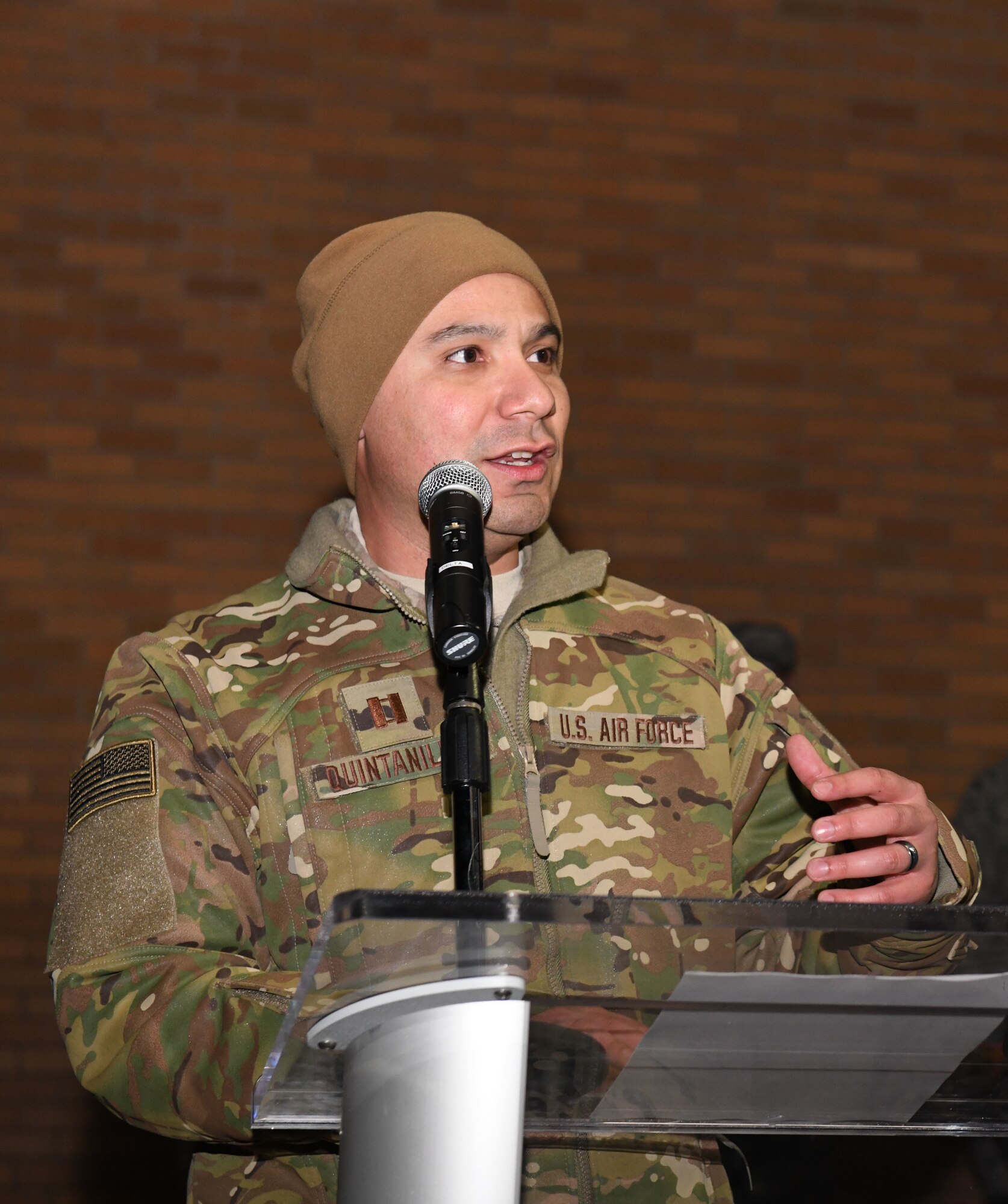 Capt. Benjamin Quintanilla, a 28th Bomb Wing chaplin, delivers a speech at the Freedom Chapel on Ellsworth Air Force Base, S.D., Nov. 30, 2018. Airmen and their families came out to celebrate the lighting of the base tree and to start the holidays in a festive and family-friendly environment where multiple religions were represented. (U.S. Air Force photo by Airman 1st Class Thomas Karol)
