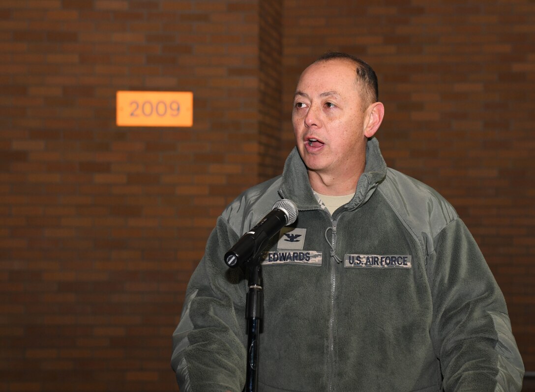 Col. John Edwards, the 28th Bomb Wing commander, gives a speech during a tree lighting ceremony at the Freedom Chapel on Ellsworth Air Force Base, S.D., Nov. 30, 2018. Airmen and their families came out to celebrate the lighting of the base tree and to start the holidays in a festive and family-friendly environment where multiple religions were represented. (U.S. Air Force photo by Airman 1st Class Thomas Karol)