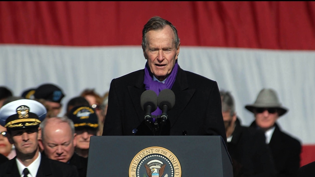 Former President George H.W. Bush SPEAKs at the commissioning ceremony for the aircraft carrier USS George H.W. Bush