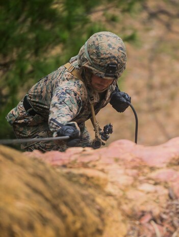Capt. Felipe Bayona hasty repels down a slope Dec. 4, 2018 at Jungle Warfare Training Center, Camp Gonsalves, Okinawa, Japan. Marines with 9th Engineer Support Battalion, 3rd Marine Logistics Group, took part in the Basic Jungle Skills Course which includes patrolling, repelling, land navigation and an endurance course. Hasty repelling gives Marines the ability to travel through hill and bluff ridden terrain. Bayona, the company officer of Bravo Company, 9th ESB, 3rd MLG, is a native of Fort Lauderdale, Florida. (U.S. Marine Corps photo by Lance Cpl. Mark Fike)