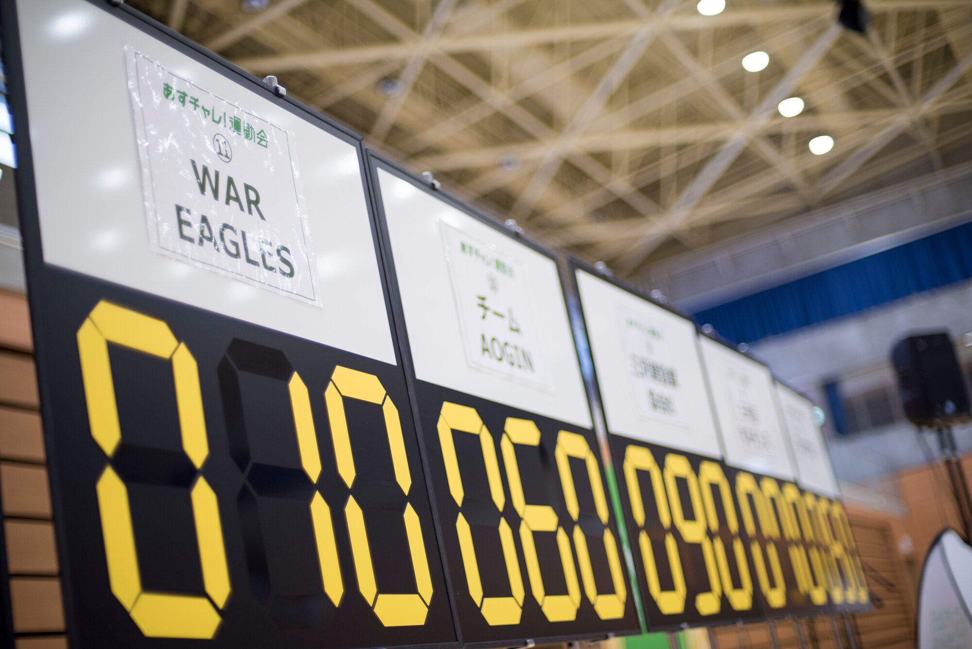 A board displays scores during the Misawa City Paralympics tribute event at the Misawa International Sports Center in Misawa City, Japan, Dec. 1, 2018. Throughout the day, attendees played goal ball and boccia which is a tactical game comparable to shuffle board, wheel chair basketball and sitting volleyball. (U.S. Air Force photo by Airman 1st Class Collette Brooks)