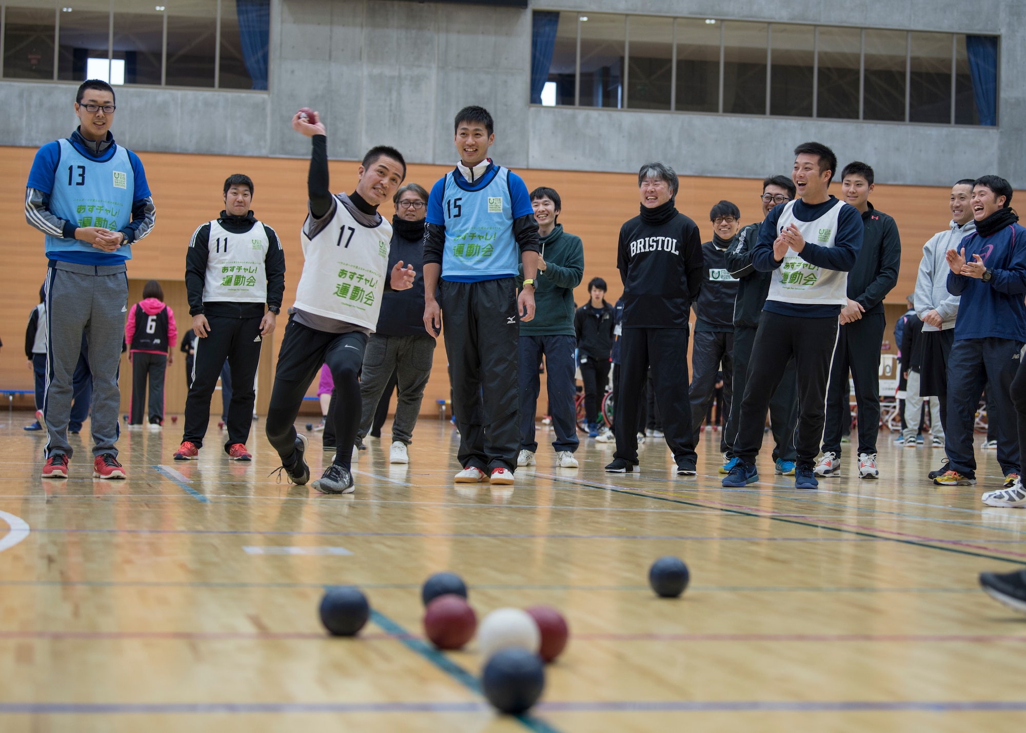 A Paralympics attendee throws a ball during the Misawa City Paralympics tribute game at the Misawa International Sports Center in Misawa City, Japan, Dec. 1, 2018. The Paralympics is an international multi-sport event for athletes with physical disabilities, held every four years in conjunction with the Olympic Games. (U.S. Air Force photo by Airman 1st Class Collette Brooks)