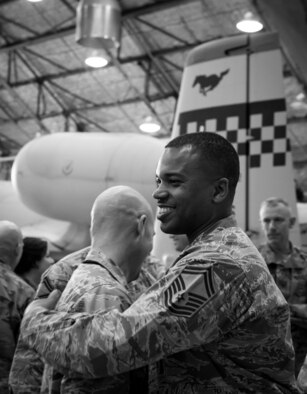 U.S. Air Force Senior Master Sgt. Marcus Wimberly, 51st Maintenance Group, celebrates after being notified of his promotion to chief master sergeant on Osan Air Base, Republic of Korea, Nov. 30, 2018.