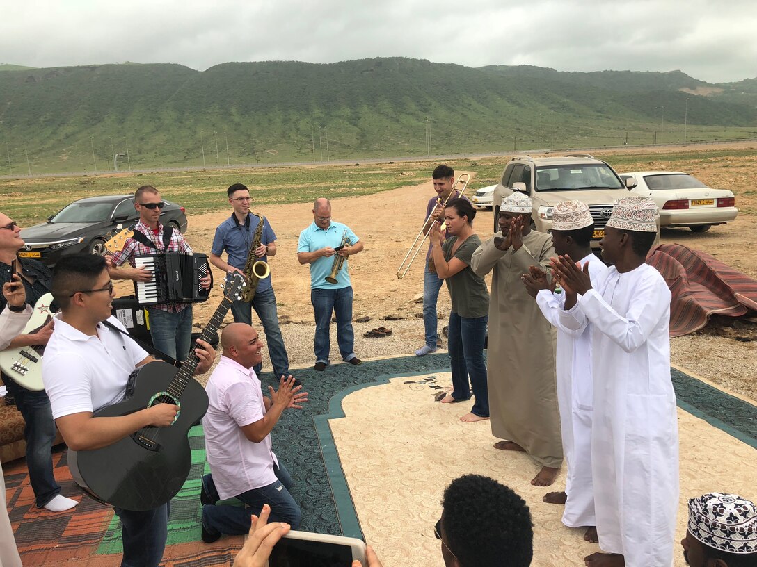The U.S. Air Forces Central Command Band collaborates with local musician near Salalah, Oman Aug. 12, 2018. The U.S. Embassy in Oman organized the cultural exchange. The AFCENT Band has a mission to develop relationships across the U.S. Central Command area of responsibility on behalf of the United States and the United States Air Force. (U.S. Air Force photo by Capt. Dustin Doyle)