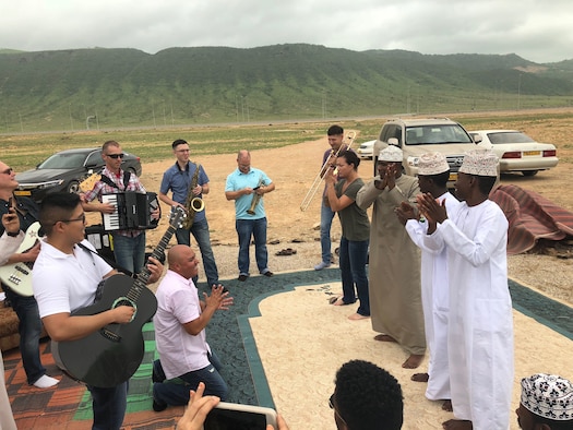 The U.S. Air Forces Central Command Band collaborates with local musician near Salalah, Oman Aug. 12, 2018. The U.S. Embassy in Oman organized the cultural exchange. The AFCENT Band has a mission to develop relationships across the U.S. Central Command area of responsibility on behalf of the United States and the United States Air Force. (U.S. Air Force photo by Capt. Dustin Doyle)