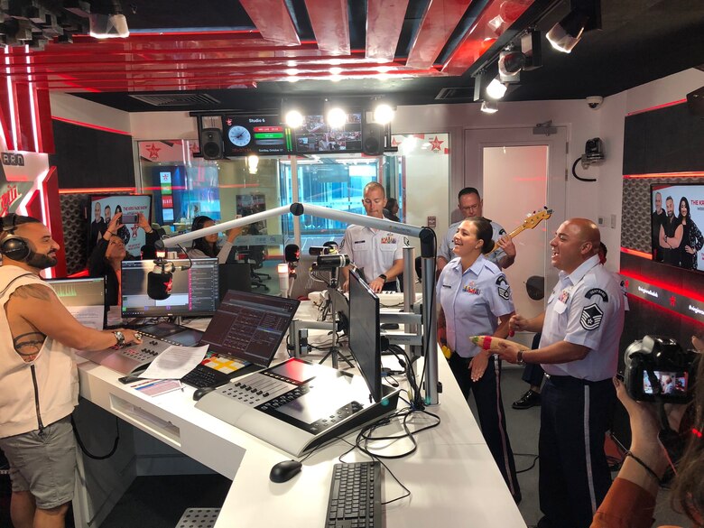 Members of the U.S. Air Forces Central Command Band perform live on Arabian Radio Network's #1 Hit Music Station in Dubai, United Arab Emirates Oct. 21, 2018. The AFCENT Band was participating in Discover America Week, an outreach initiative organized by the U.S. Embassy in UAE where American culture is shared and celebrated with the population in the region. (U.S. Air Force photo by Capt. Dustin Doyle)