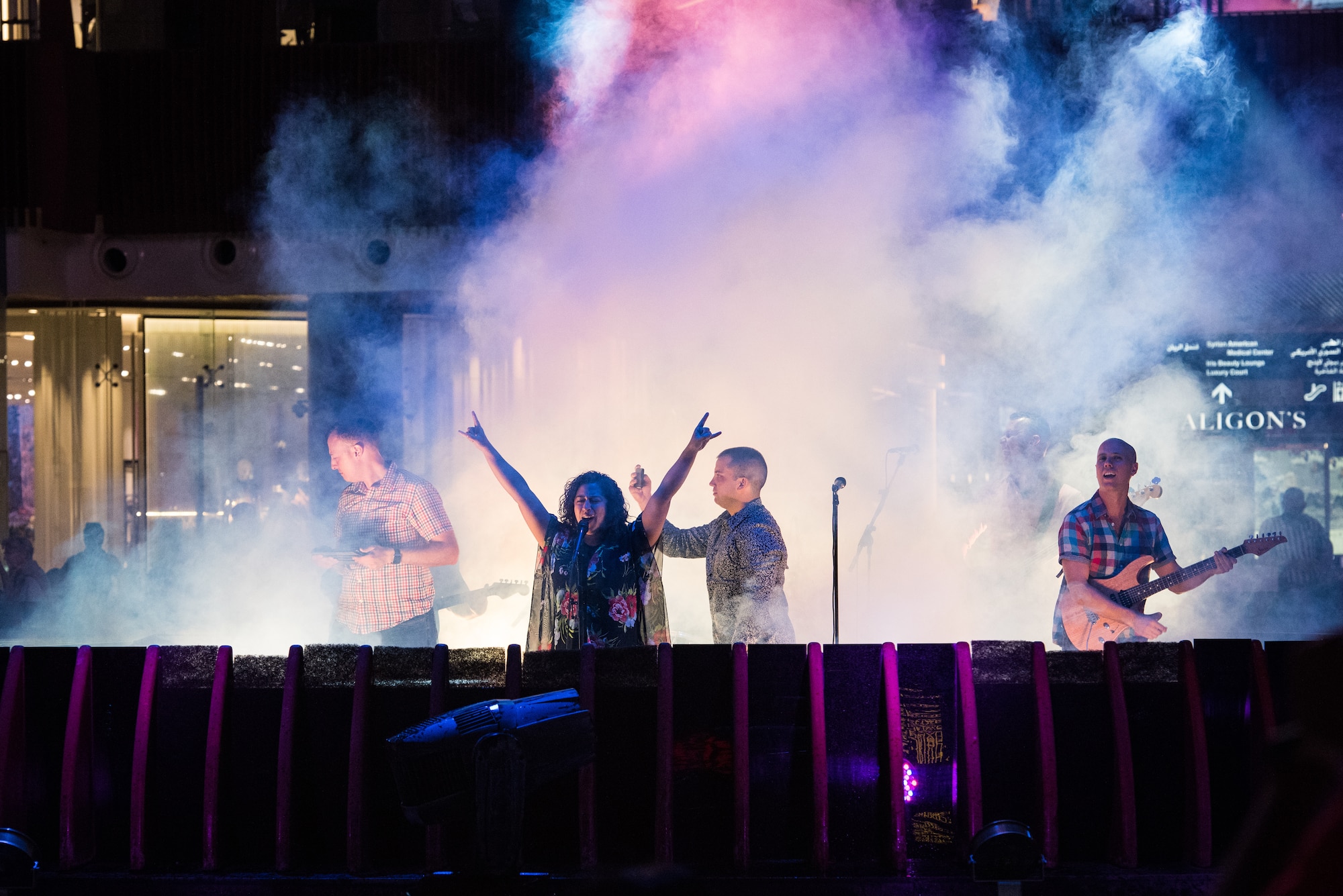 The U.S. Air Forces Central Command Band performs on stage during the Discover America Festival at the Mall of Qatar at Al Rayyan, Qatar Nov. 3, 2018. The USAFCENT Band covers 17 of the 20 countries in the area of responsibility and performs 45 times during their three month tour. The band assists the AFCENT commander by creating positive ways for two cultures to engage and develop relationships on behalf of the U.S. Air Force and the United States of America (U.S. Air Force Photo by Senior Airman Travis Beihl)