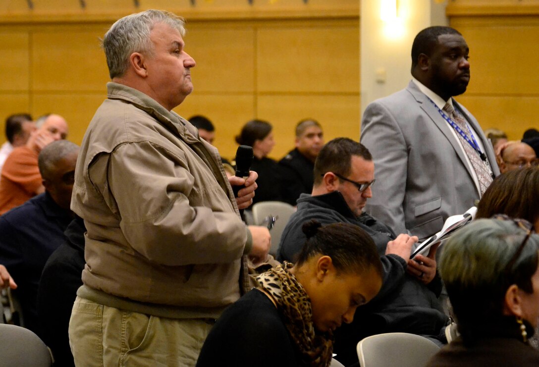 Ray Finch, a product specialist within the Industrial Hardware supply chain, asks a question to the Veterans Affairs benefits team panel at DLA Troop Support Nov. 27, 2018 in Philadelphia.