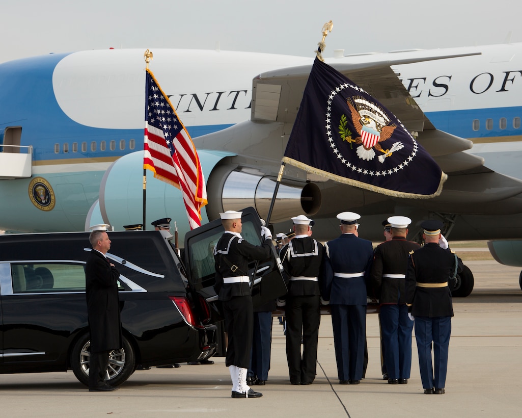 U.S. service members support the departure of former President George H. W. Bush on Joint Base Andrews, Md., Dec. 5, 2018. Nearly 4,000 military and civilian personnel from across all branches of the U.S. armed forces, including Reserve and National Guard components, provided ceremonial support during George H. W. Bush’s, the 41st President of the United States state funeral.