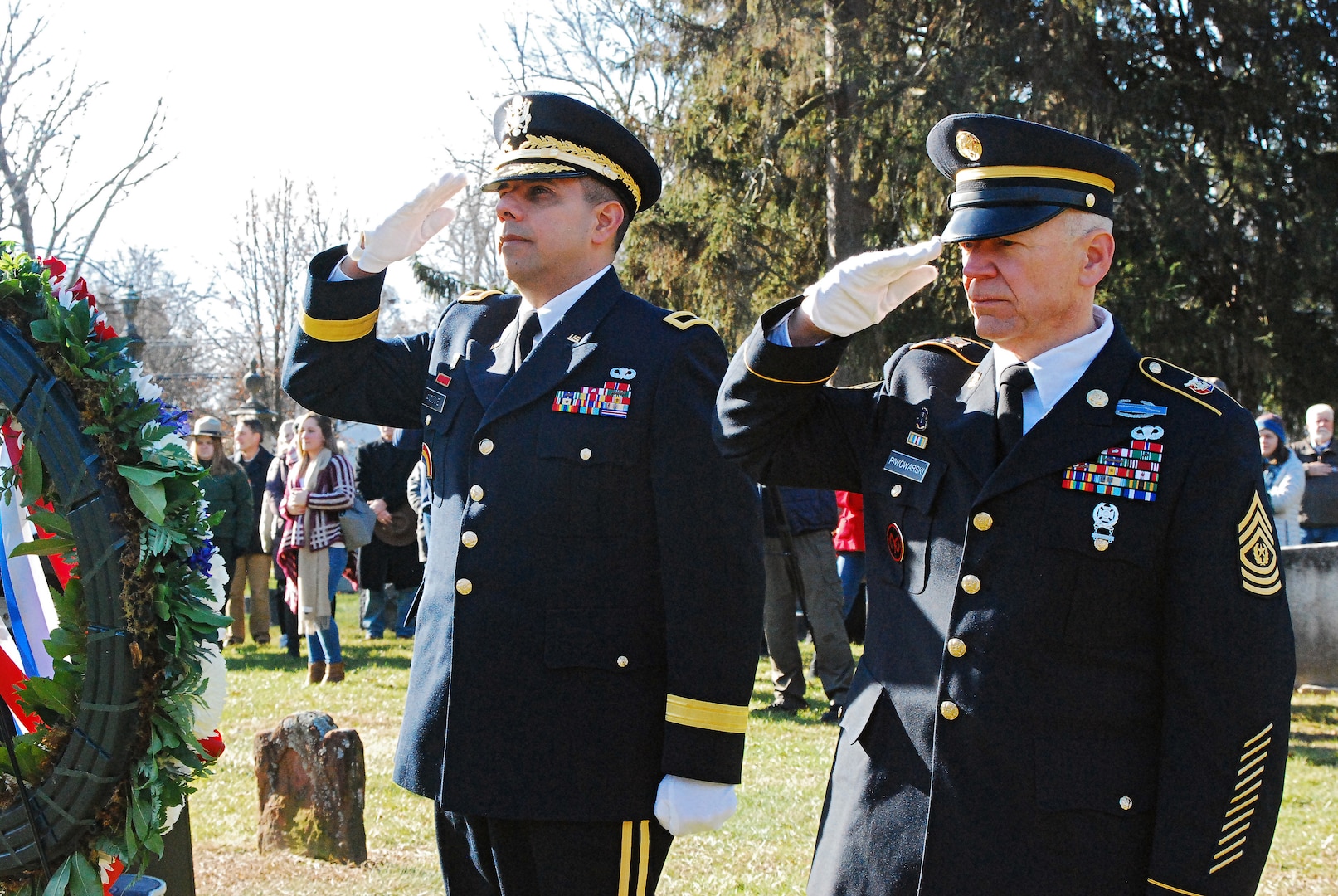 New York Army National Guard Command Sgt. Major David Piwowarski and Brig. Gen. John Adonie, render honors to President Martin Van Buren, the 8th president of the United States, during a Dec. 5, 2018 ceremony at his gravesite at Kinderhook Reformed Church Cemetery in Kinderhook, N.Y.