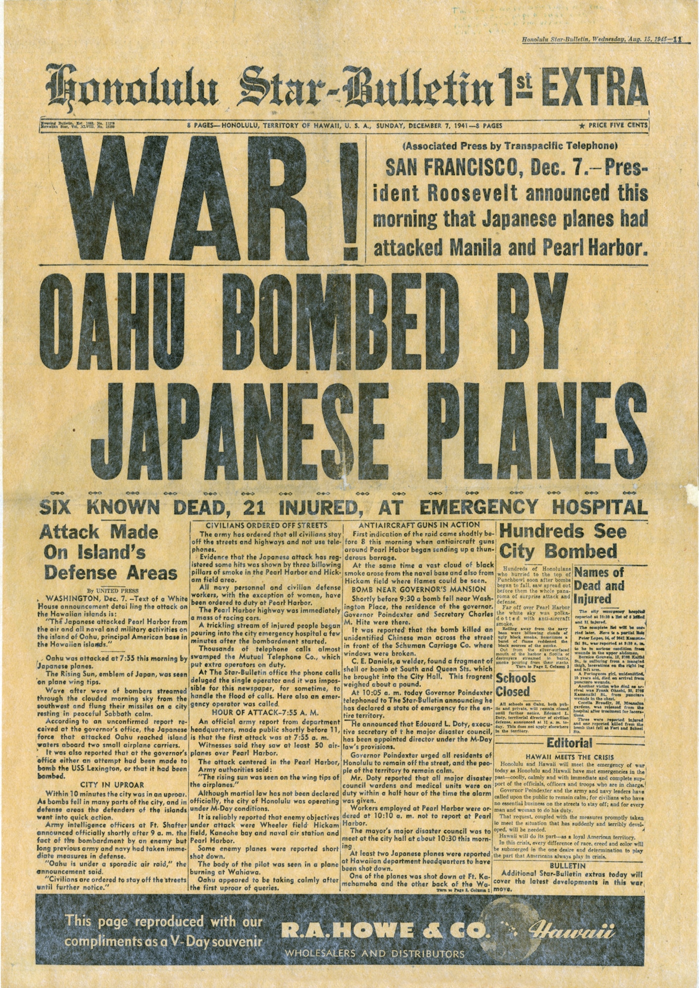 Honolulu Star-Bulletin following the attack on Pearl Harbor. (U.S. Air Force photo)
