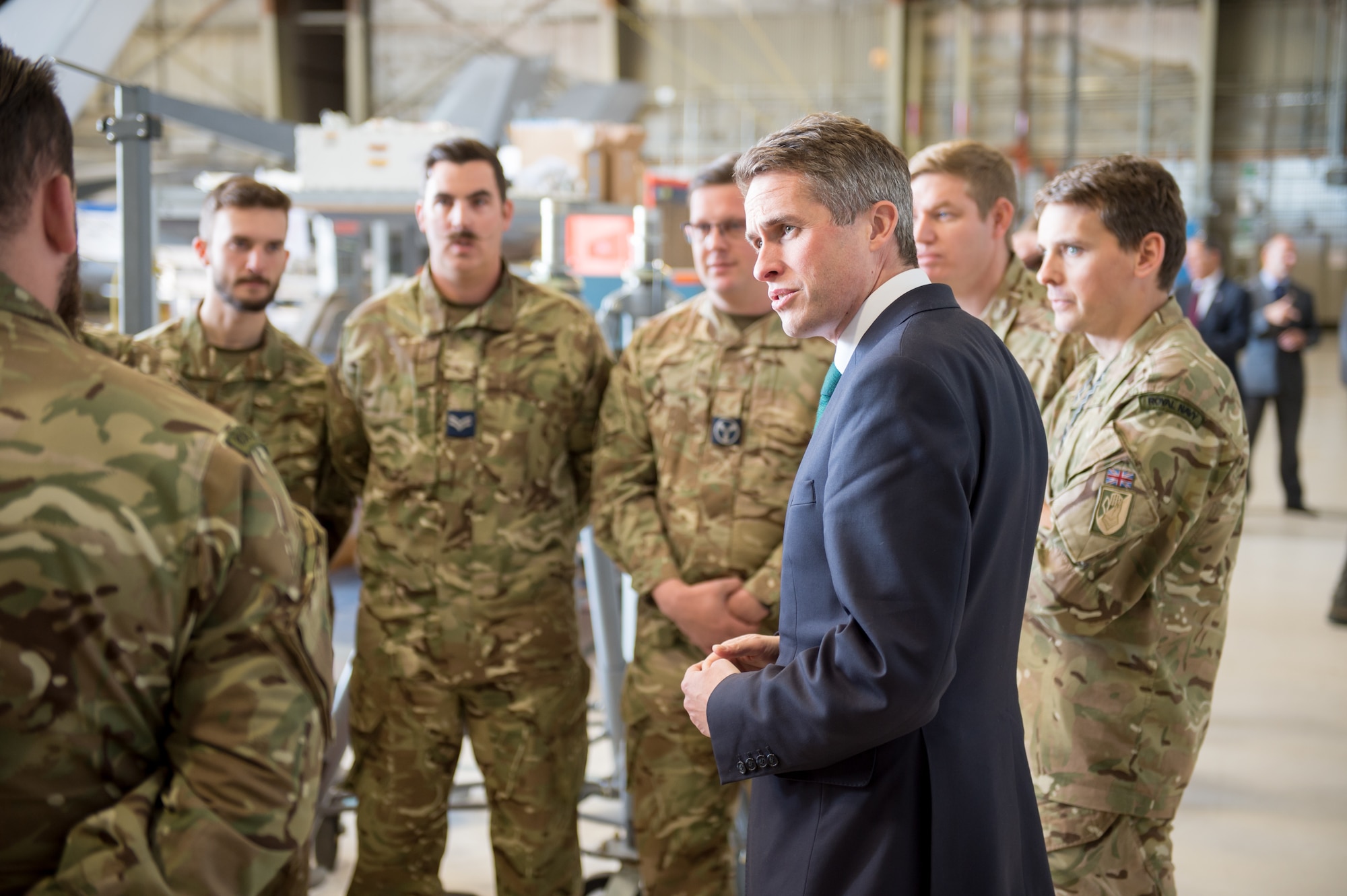 Secretary of State for Defence Gavin Williamson CBE (Commander of the Most Excellent Order of the British Empire) meets with members of the Royal Air Force's 17 Squadron, which is the organization on Edwards Air Force Base responsible for the operational test and evaluation of the U.K.'s F-35 Joint Strike Fighter, Dec. 2. (U.S. Air Force photo by Kyle Larson)