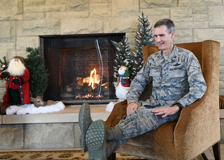 Col. Dan Sarachene, 910th Airlift Wing commander, laughs during the taping of his holiday message in the Eagle’s Nest Lodge at Youngstown Air Reserve Station, Dec. 2, 2018.