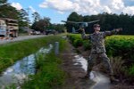 Army Pfc. Michael Makowski, with the South Carolina Army National Guard's D Company, 1st Battalion, 118th Infantry Regiment, launches an RQ-11B Raven in Bucksport, South Carolina, during Hurricane Florence response operations, Sept. 26, 2018. The unmanned aircraft system assists Army Guard units in gathering situational awareness of disaster scenes and sharing that information with other Guard elements, emergency officials and first responders.