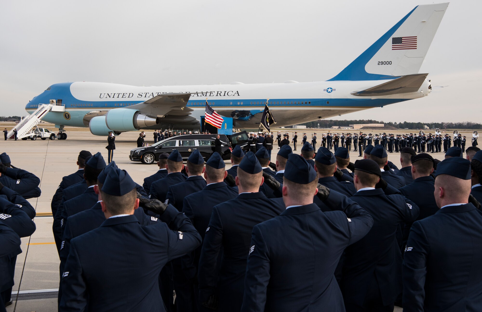 U.S. service members with the Ceremonial Honor Guard carry the casket of George H.W. Bush, the 41st President of the United States, at Joint Base Andrews, Md., Dec. 5, 2018.