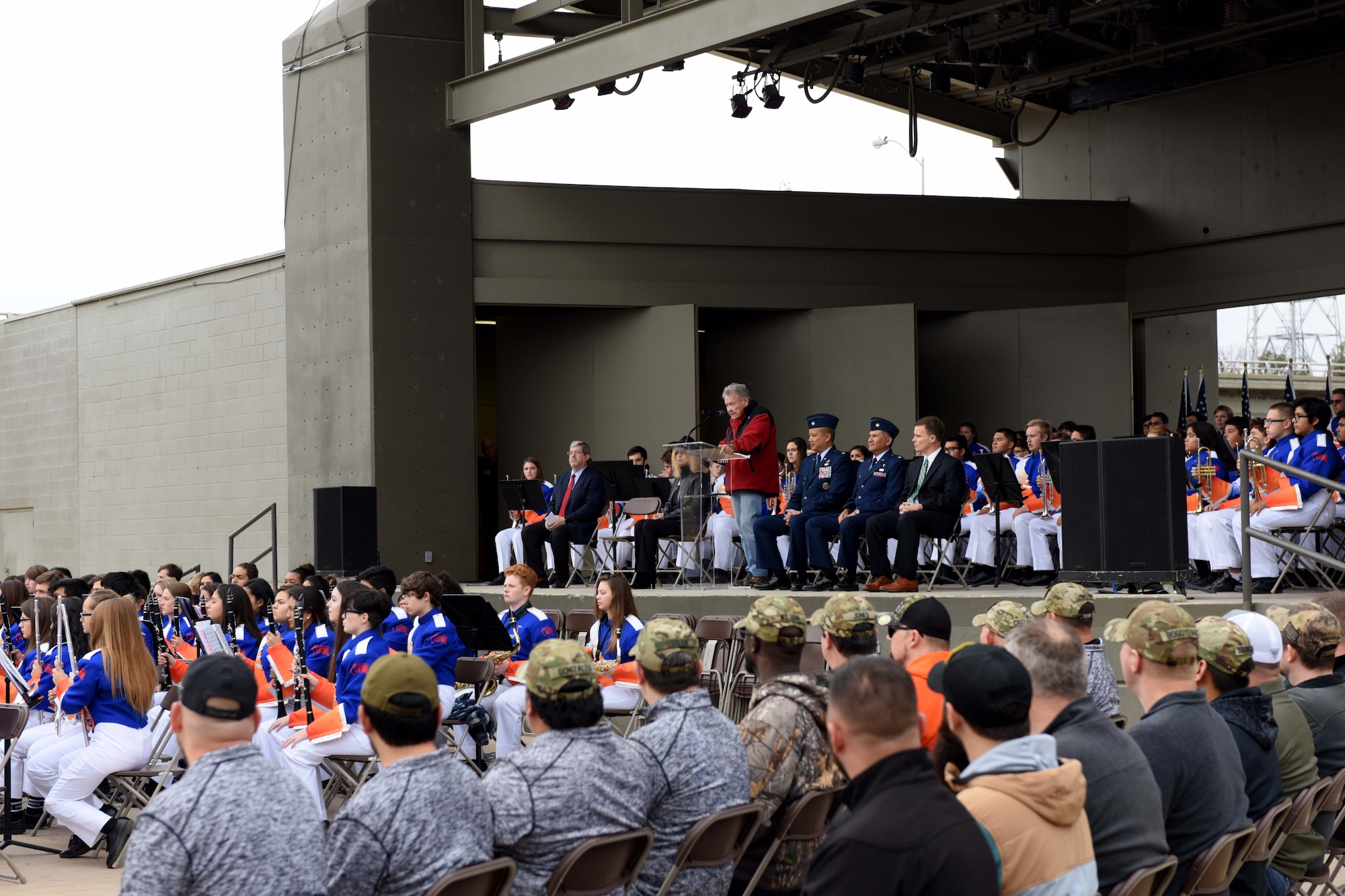 San Angelo Civic Leader, Sonny Cleere speaks during the Hero’s Hunt Honor Concert at the Bill Aylor Sr. Memorial RiverStage in San Angelo, Texas, Dec. 6, 2018. Cleere was the main speaker for the event. (U.S. Air Force photo by Senior Airman Randall Moose/Released)