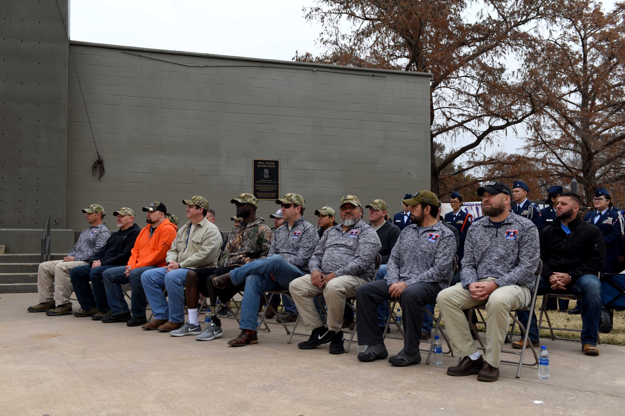 U.S. Armed Forces veterans participate in the Hero’s Hunt Honor Concert at the Bill Aylor Sr. Memorial RiverStage in San Angelo, Texas, Dec. 6, 2018. The Hero’s Hunting Foundation is an organization that provides therapy, community and support to American veterans through hunting. (U.S. Air Force photo by Senior Airman Randall Moose/Released)