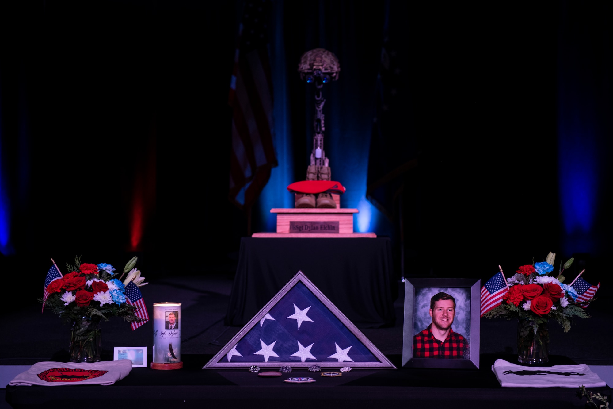 A memorial for U.S. Air Force Staff Sgt. Dylan Elchin, a Special Tactics combat controller with the 26th Special Tactics Squadron, is displayed during a service in Moon Township, Pennsylvania, Dec. 6, 2018.