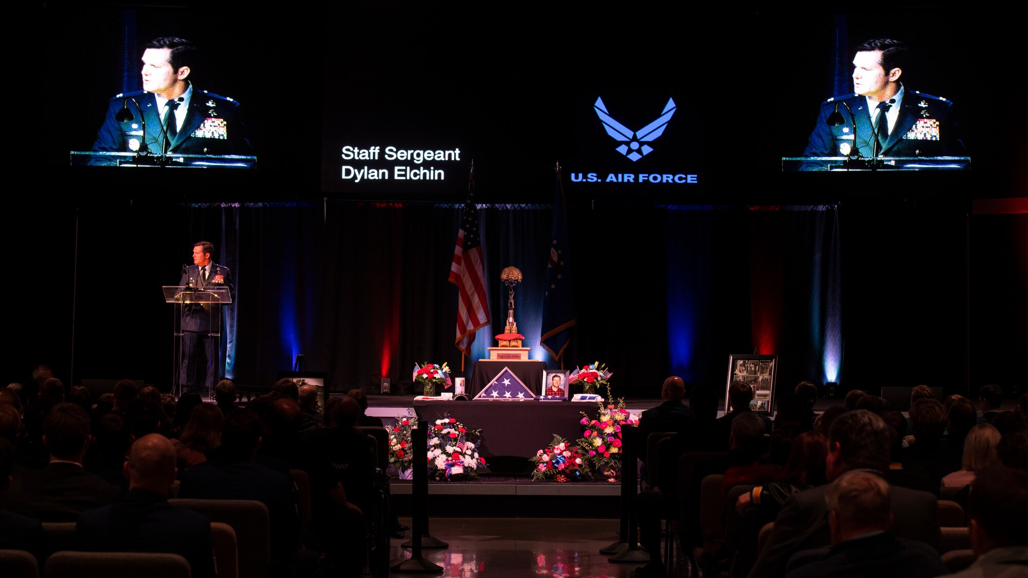 U.S. Air Force Col. Claude Tudor, Jr., commander of the 24th Special Operations Wing, gives remarks during a memorial service in Moon Township, Pennsylvania, Dec. 6, 2018.