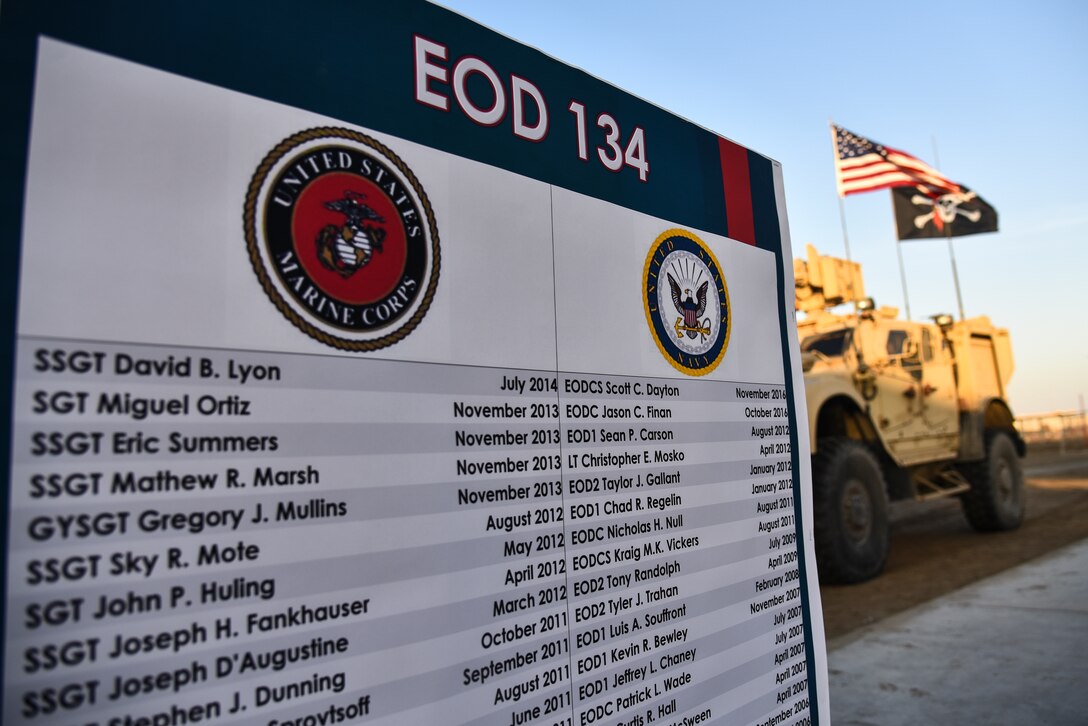 The 380th Expeditionary Civil Engineer Squadron Explosive Ordnance Disposal flight hosted the EOD 134 Memorial Workout at Al Dhafra Air Base, United Arab Emirates, Nov. 30, 2018. 380th Air Expeditionary Wing Airmen, along with coalition partners, participated in the annual workout to honor the 134 EOD technicians from the U.S. Air Force, Army, Navy and Marine Corps that have been killed since Sept. 11, 2001. (U.S. Air Force photo by Senior Airman Mya M. Crosby)